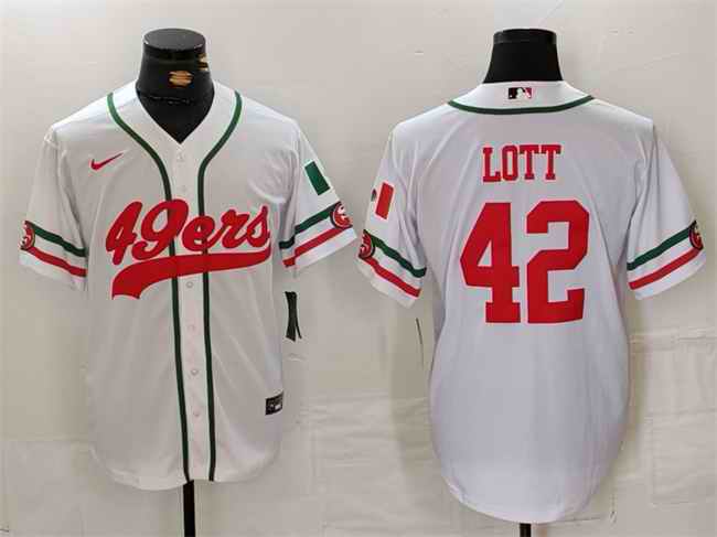 Men's San Francisco 49ers #42 Ronnie Lott White With Patch Cool Base Stitched Baseball Jersey